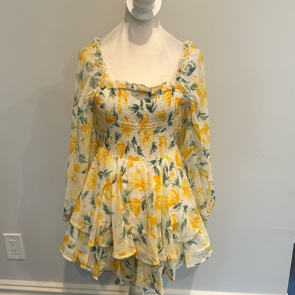 Hazel Boutique Yellow & White Floral Long Sleeve Mini Dress